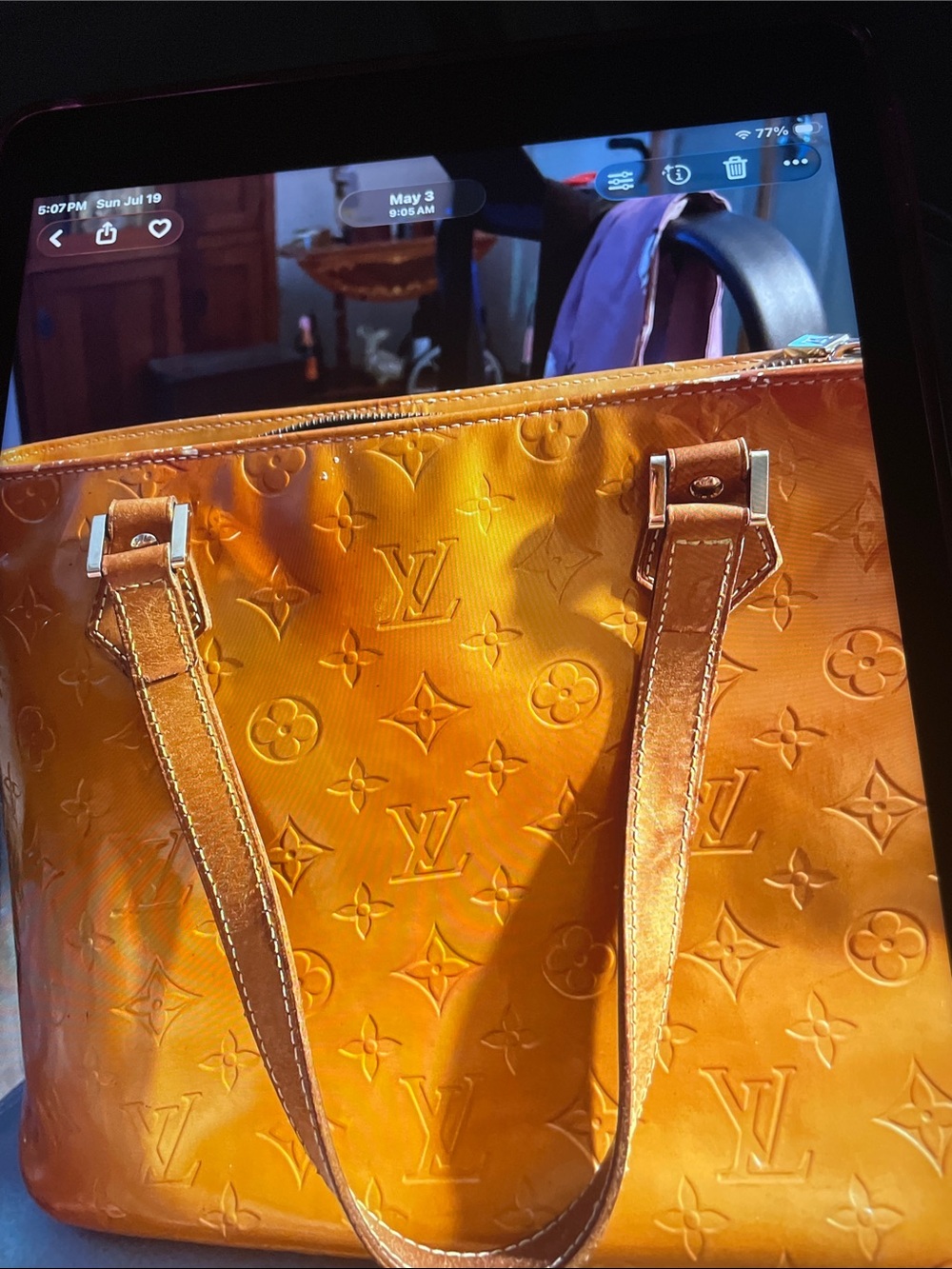 Luxury Embossed Patent Leather Tote in Warm Amber authentic Louis Vuitton